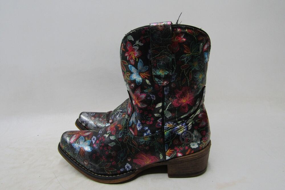 Roper Brand Youth Size 6 M Black Leather Floral Cowboy Western Boots